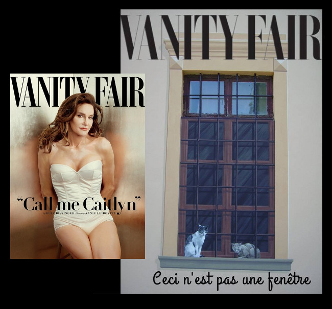 Caitlyn Jenner sulla copertina di Vanity Fair, contrapposta ad una finestra a trompe-l-oeil con una parte in vetro
