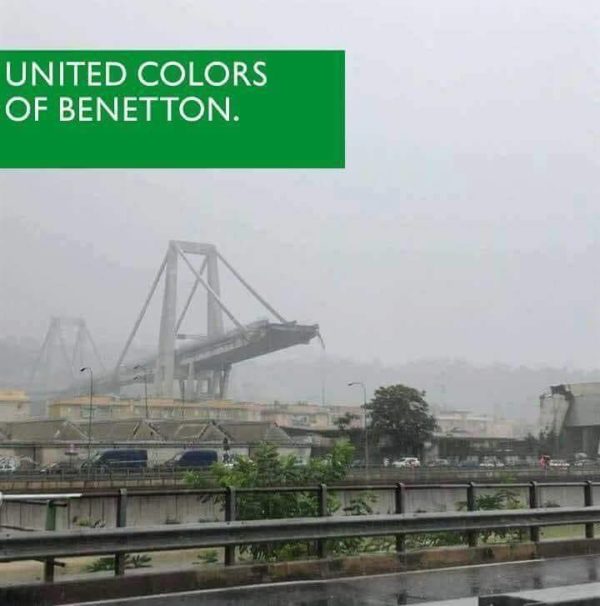 meme che collega il crollo del ponte Morandi alle campagne pubblicitarie shock della Benetton