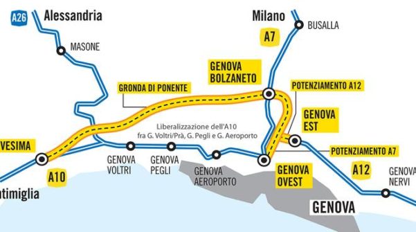 tracciato previsto della nuova gronda autostradale di Genova