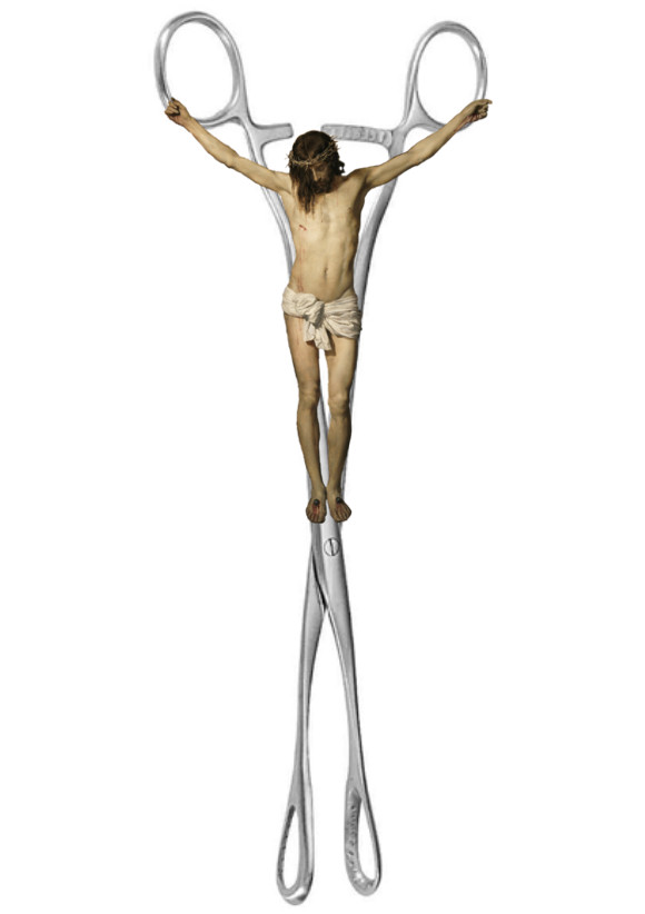 Jesus Christ crucified on an abortion instrument