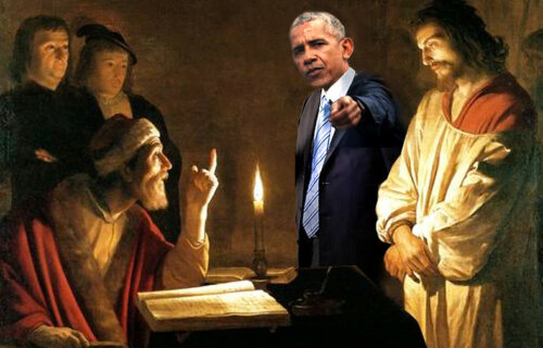 Accusation or defense? by Jaci III. Barack Obama appears between Caiaphas and Jesus