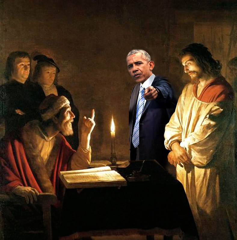 Accusation or defense? by Jaci III. Barack Obama appears between Caiaphas and Jesus