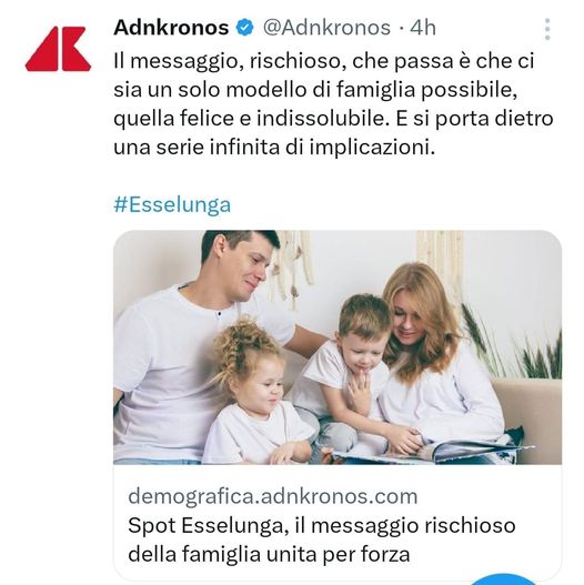 ADNKronos commenta negativamente uno spot di Esselunga che sembra strizzare l'occhio al legame familiare, contro il divorzio